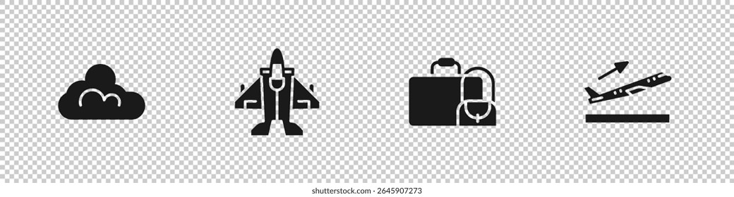 Set Cloud weather, Jet fighter, Suitcase and Plane takeoff icon. Vector