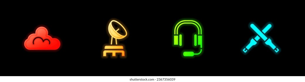 Set Cloud weather, Radar, Headphones with microphone and Marshalling wands icon. Vector