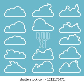 Set of clouds. 14 items.  Outline. White clouds in the blue sky. Design Elements. Different forms