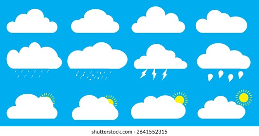  Set of clouds. Abstract white cloudy set isolated on blue background. Cloud computing icon. Cloud vector set. Vector illustration.