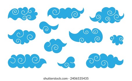 Set of clouds in Asian style. Doodle  vector vintage illustration. Traditional cloud patterns in Chinese, Korean and Japanese style for stickers, design elements.