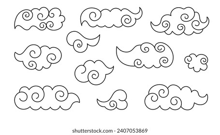 Gedeckte Wolken im asiatischen Stil. Doodle Vektorgrafik Vintage. Traditionelle Cloud-Muster im chinesischen, koreanischen und japanischen Stil für Aufkleber, Design-Elemente.