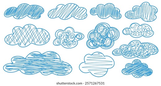 Set clouds blue chalk drawing