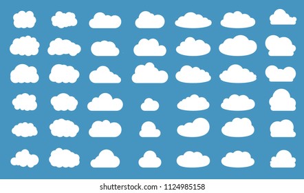Set of clouds in blue sky. Cloud icon shape. Collection of different clouds, label, symbol. Graphic vector design element for logo, web and print.