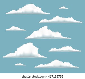set of clouds in   blue sky, collection of volumetric clouds on blue background,  set of cartoon clouds