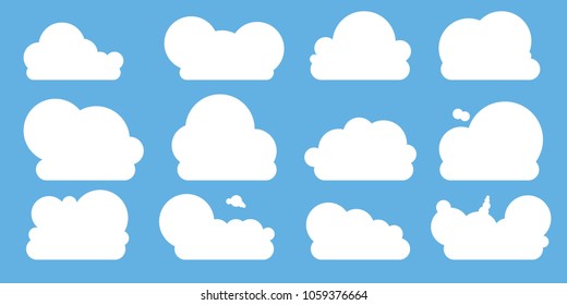 Set of clouds in blue sky. Flat ?loud icon on blue background. Collection of different clouds, label, symbol. Graphic ve