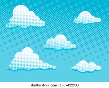 Set Of Clouds In The Blue Sky. Vector Illustration In Comic Style.