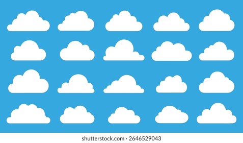 Conjunto de nuvens no céu azul, ilustração vetorial. Coleção de ícones de nuvem branca fofa em estilo de desenho animado em fundo azul isolado.