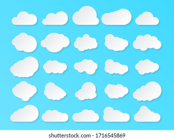 Set of clouds. Cartoon clouds isolated on blue background. Vector illustration.