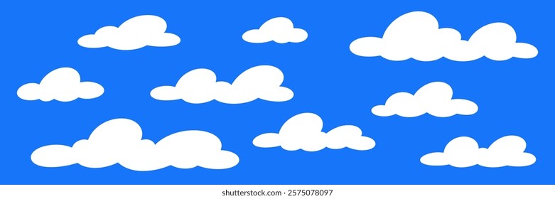 A set of clouds in cartoon style on a blue background. Vector cloud shape. Suitable for illustrations and icons. White clouds isolated on blue background.