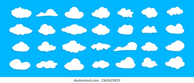 Set of clouds. Cloud icon. Different shape white clouds on blue background. Set of different sky. Cloudy shape collection. Vector illustration.