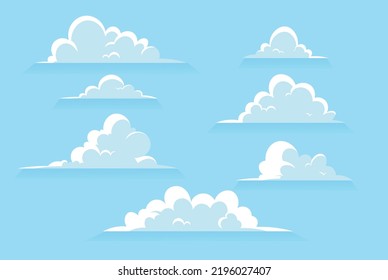 Set of clouds. Collection of graphic elements for website. Spring or summer, sunny day. Dreams, fantasy and imagination, symbol of lightness. Poster or banner. Cartoon flat vector illustration