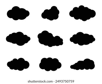 Set of clouds, collection of nine vector sky clouds in black color on white background. Cloud. Abstract black cloudy set isolated on white background. Clouds vector set. Vector illustration.