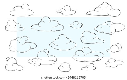 Conjunto de nubes. Libro para colorear. Ilustración vectorial de una línea de nubes en el cielo. Ilustración de garabato de la naturaleza de la línea