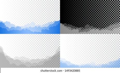 Set of clouds of different colors with different transparency. Vector image. Collection of overlays of clouds. Minimalistic flat style. 4 templates