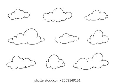 A set of clouds of different shapes drawn by hand isolated on a white background, vector, graphic, contour drawing. Decorative blank element for decoration, text design, weather forecast, doodle