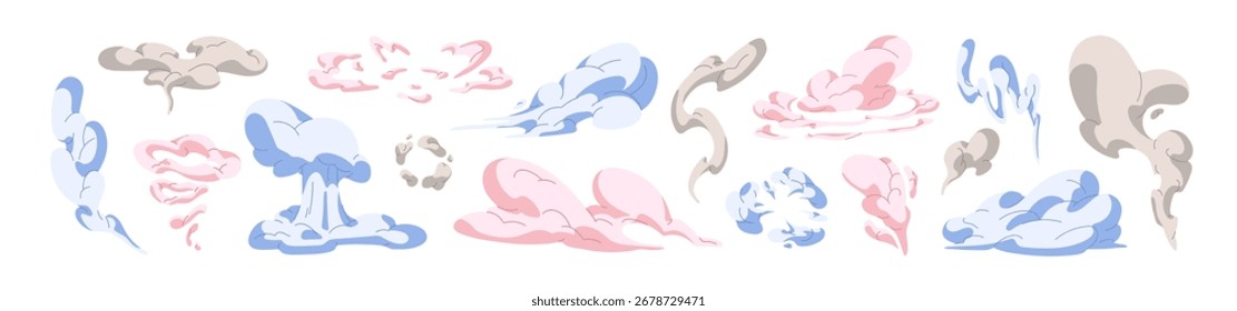 Conjunto de nuvens com diferentes formas e cores pastel. Fumaça com silhuetas abstratas. Traços de fumaça, nevoeiro, vapor voando no ar. Ilustrações de vetor isoladas planas sobre fundo branco