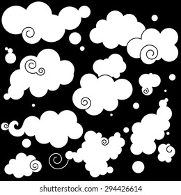 The set of clouds of different sizes and shapes. Monochrome stylized.