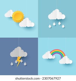 Set of clouds and different weather , rain , sun, rainbow and lightning. Vector illustration. Paper cut and craft style illustration