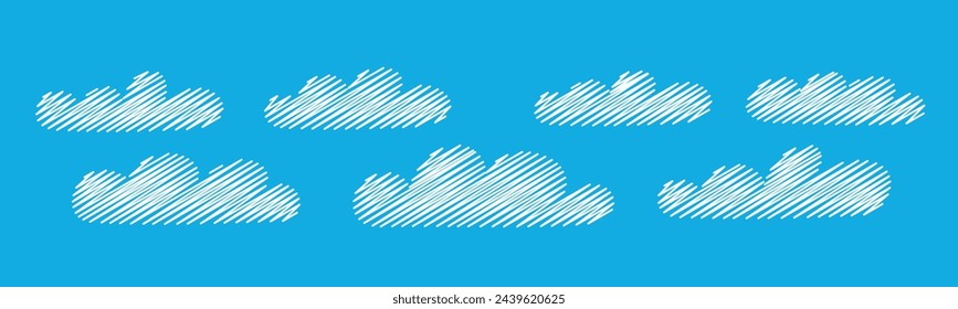 Wolkensatz von Hand gezeichnet, Kritzeleien mit Bleistift oder Stift beschattet, Imitation einer Kinderzeichnung. Vektorgrafik eps10