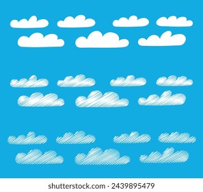 Wolkensatz von Hand gezeichnet, Kritzeleien mit Bleistift oder Stift beschattet, Imitation einer Kinderzeichnung. Vektorgrafik eps10
