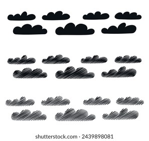 Set of clouds drawn by hand, doodles shaded with pencil or pen, imitation of a child's drawing. Vector illustration eps10 on a white background.