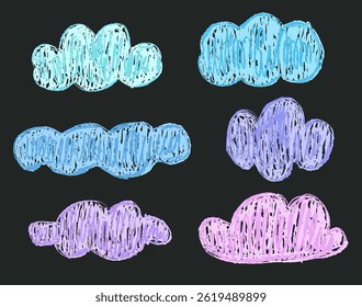 Set of clouds drawn with wax or crayon pencil on chalkboard
