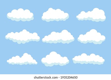 Conjunto de dibujos animados planos de nubes. vista de naturaleza de cielo azul con el concepto de símbolo de icono de nube blanca. Ilustración de dibujos animados planos vectores para sitios web y diseño de banners.