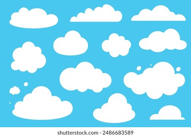 Set of clouds in flat cartoon design. This illustration shows a collection of white fluffy clouds of various sizes and shapes on a beautiful blue background. Vector illustration.