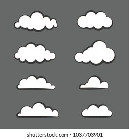 Set of clouds in flat design isolated on grey background. Cartoon modern white clouds. 