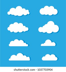 Set of clouds in flat design isolated on blue background. Cartoon modern white clouds with shadows.
