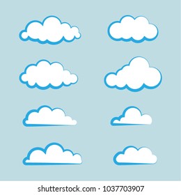 Set of clouds in flat design isolated on light blue background. Cartoon modern white clouds. 