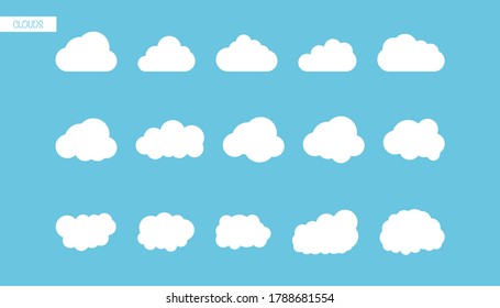 Set of clouds in flat design. Isolated bubble cloud icons. Fluffy cloudy sky. Modern simple style of forecast icons. White clouds on blue background. EPS 10