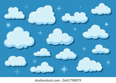 Set of clouds in flat style for design. Collection of white and blue clouds. Vector set of cartoon clouds in flat design.
