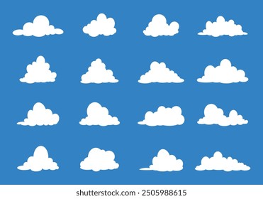 Set of clouds in flat style. Vector illustration. Retro elements and shapes. Clouds, sky, air, heaven for children and kids. Cartoon fluffy stickers. Isolated. Icons. Speech bubbles. Waves pack. 90s 