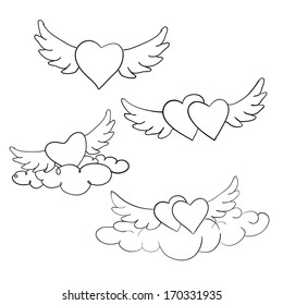 Set in the clouds flying hearts on a white background