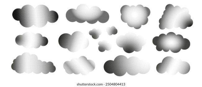 Set of clouds gradient Y2k aesthetics halftone texture. Monochromatic sky geometric form in trendy 90s, 00s style. Retro futuristic elements. Vector illustration collection