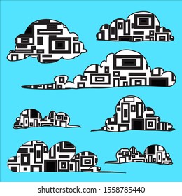 Set of clouds in hand drawn Cartoon design elements. Vector illustration.