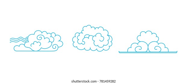 Set of clouds. Hand drawn Chinese blue clouds. Outline Contours of clouds in the oriental style. ?lumpy clouds. Vector EPS10