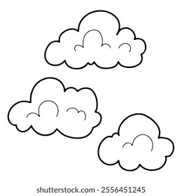 Set clouds hand drawn doodle. Natural phenomenon. Weather. Water vapor condensation in the atmosphere. Cloud in the sky. Light, flying air objects. Vector line art illustration.