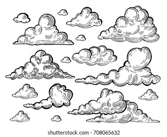 Set of clouds. Hand drawn linear sketch converted to vector