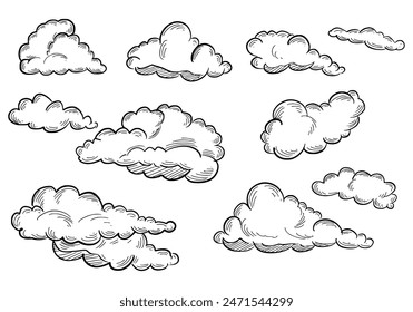 Conjunto de nubes en diseño de boceto dibujado a mano