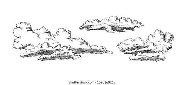 Set of clouds in hand drawn style isolated on white background. Cartoon design elements. Sketch vector illustration.