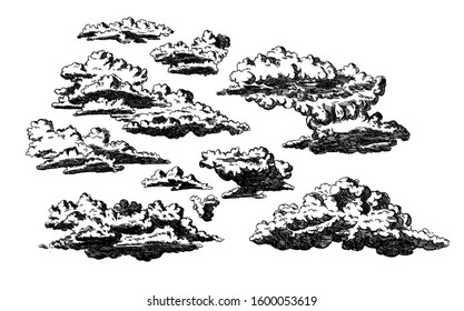 Set of clouds in hand drawn style isolated on white background. Cartoon design elements. Sketch vector illustration.