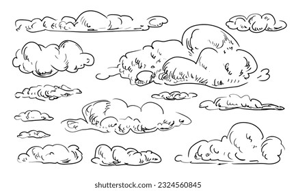 Set of clouds in hand drawn style isolated on white background. Collection of engraving clouds. Black and white vector sketches. Freehand drawn. Clouds with hatching.