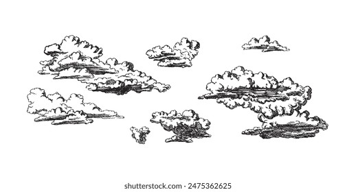 Set of clouds in hand drawn style isolated on white background. Cartoon design elements. Sketch vector illustration.