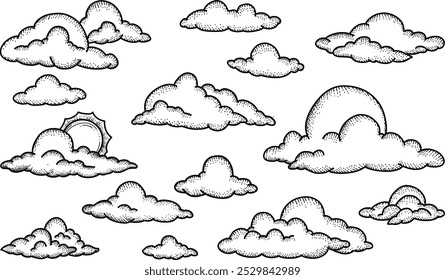 Conjunto de nubes en estilo dibujado a mano aislado sobre fondo blanco. Colección de nubes de grabado. Bocetos de Vector en blanco y negro. A mano alzada. Ilustración vectorial
