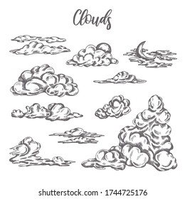 Set of clouds in hand drawn vintage retro style isolated on white background Retro sketch of sky