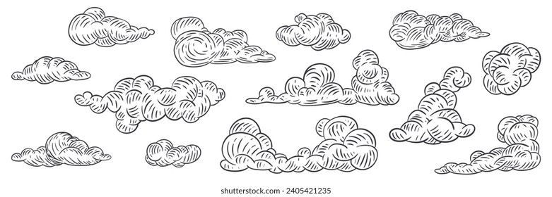 Set of clouds in hand drawn vintage retro style. Cartoon design elements. Vector illustration.