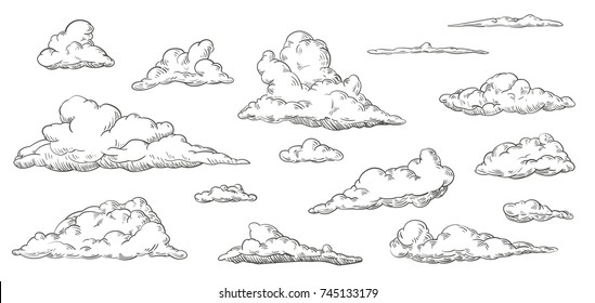 Set of clouds in hand drawn vintage retro style isolated on white background. Cartoon design elements. Vector illustration. - Shutterstock ID 745133179